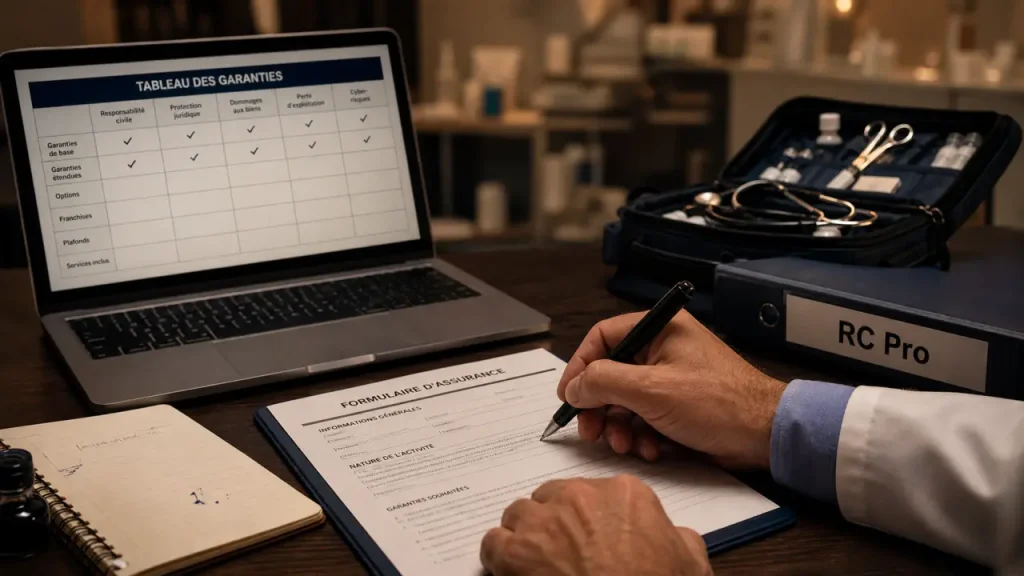 Assurance pro santé : mains remplissant un formulaire RC Pro au cabinet, revenus et garanties