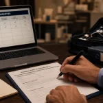 Assurance pro santé : mains remplissant un formulaire RC Pro au cabinet, revenus et garanties