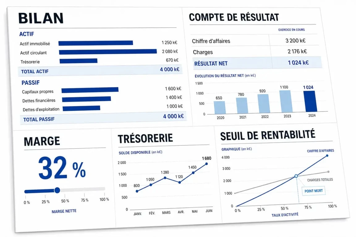 Gestion entreprise : tableau de bord financier avec marge, trésorerie et seuil de rentabilité