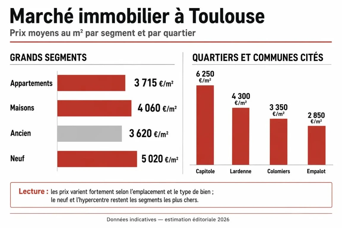 Infographie du marché immobilier toulouse avec les prix au m² par quartier et par type de bien