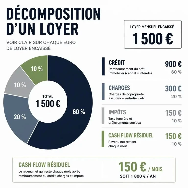 Schéma explicatif du calcul du cash flow pour un investissement immobilier locatif
