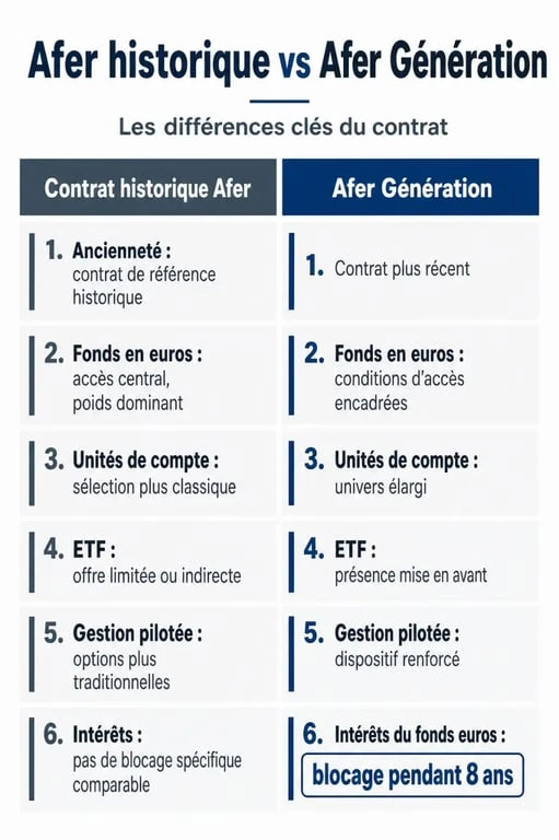 Afer assurance vie : comparaison visuelle entre le contrat historique et Afer Génération