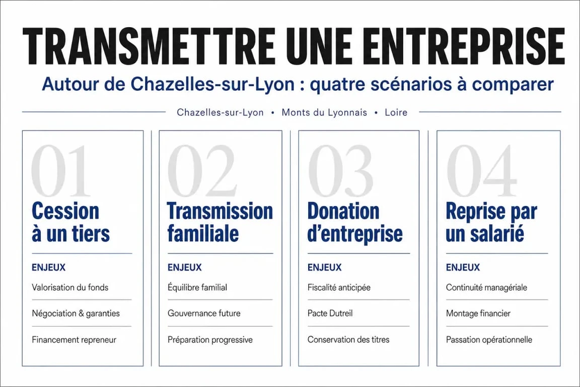 Conseil transmission entreprise chazelles sur lyon : comparaison visuelle des modes de transmission d’une entreprise