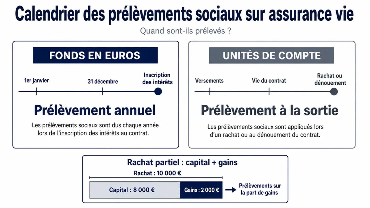 Prélèvements sociaux sur assurance vie : calendrier des prélèvements entre fonds en euros et unités de compte