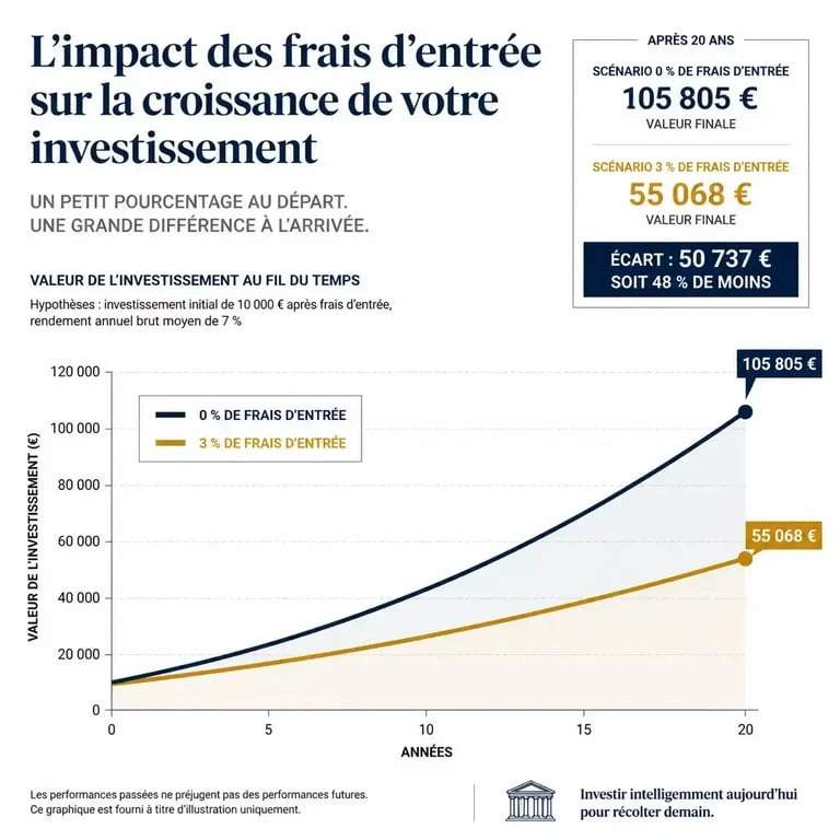 Graphique comparatif de l'impact des frais d'entrée assurance vie sur le rendement à long terme