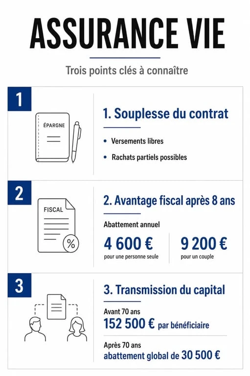 Infographie sur l'assurance vie avantage avec fiscalité après 8 ans et transmission du capital
