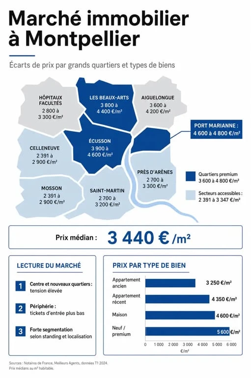 Marché immobilier Montpellier : infographie des prix par quartier et par type de bien