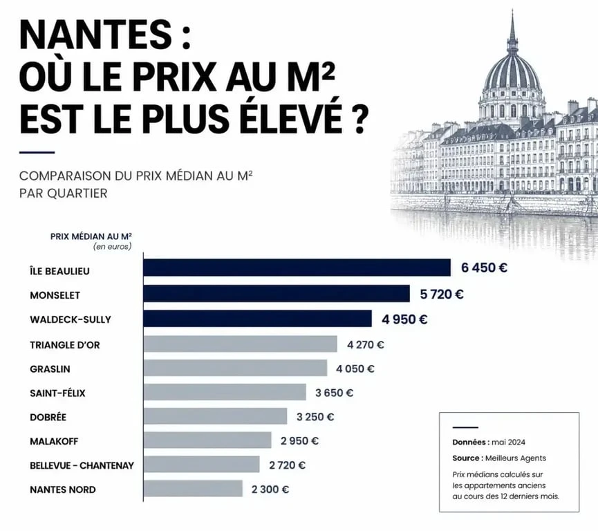 Graphique comparatif des prix au m2 par quartier sur le marché immobilier Nantes