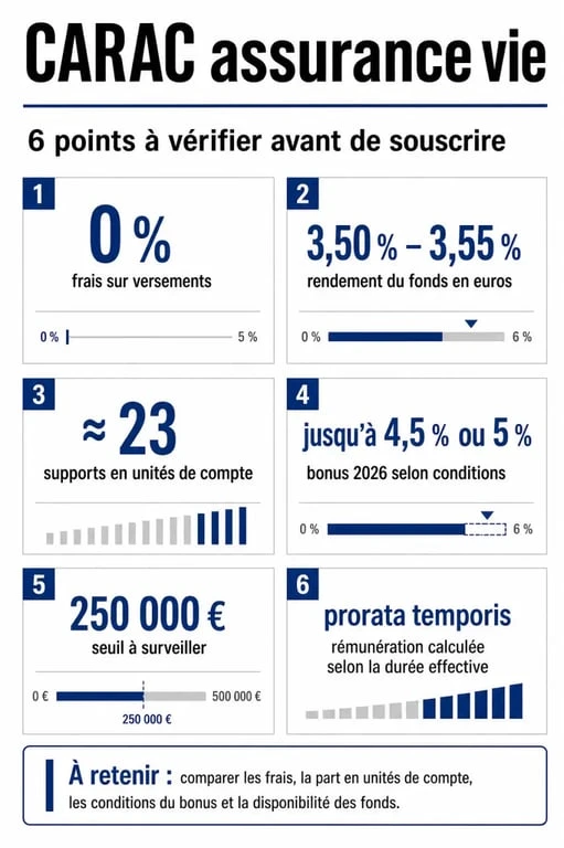 CARAC assurance vie : infographie des frais, du rendement et des conditions de bonus