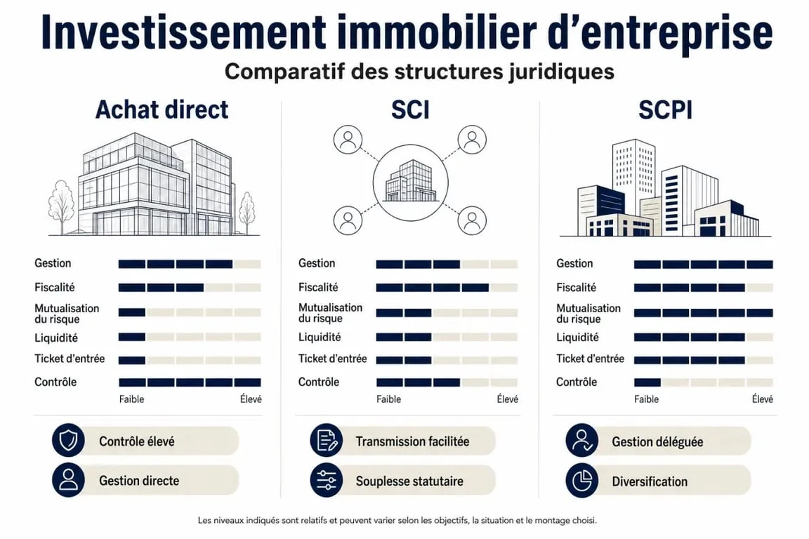 Comparatif des structures pour un investissement immobilier entreprise : Achat direct, SCI ou SCPI