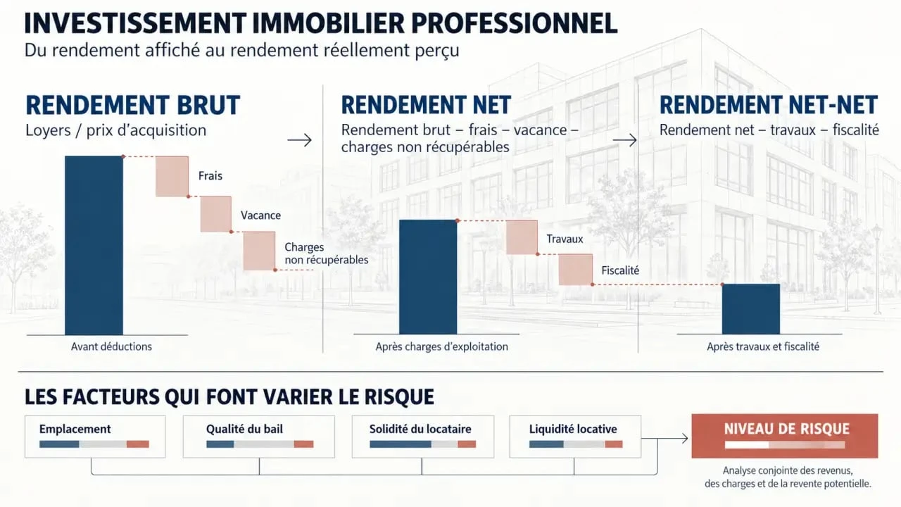 Infographie sur le rendement d’un investissement immobilier professionnel, du brut au net-net