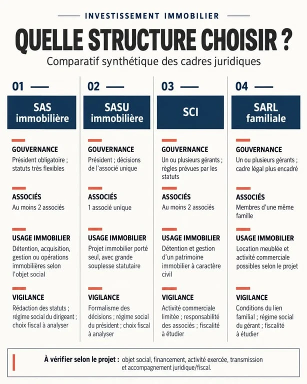 Infographie comparative de la SAS investissement immobilier, de la SCI, de la SASU et de la SARL familiale
