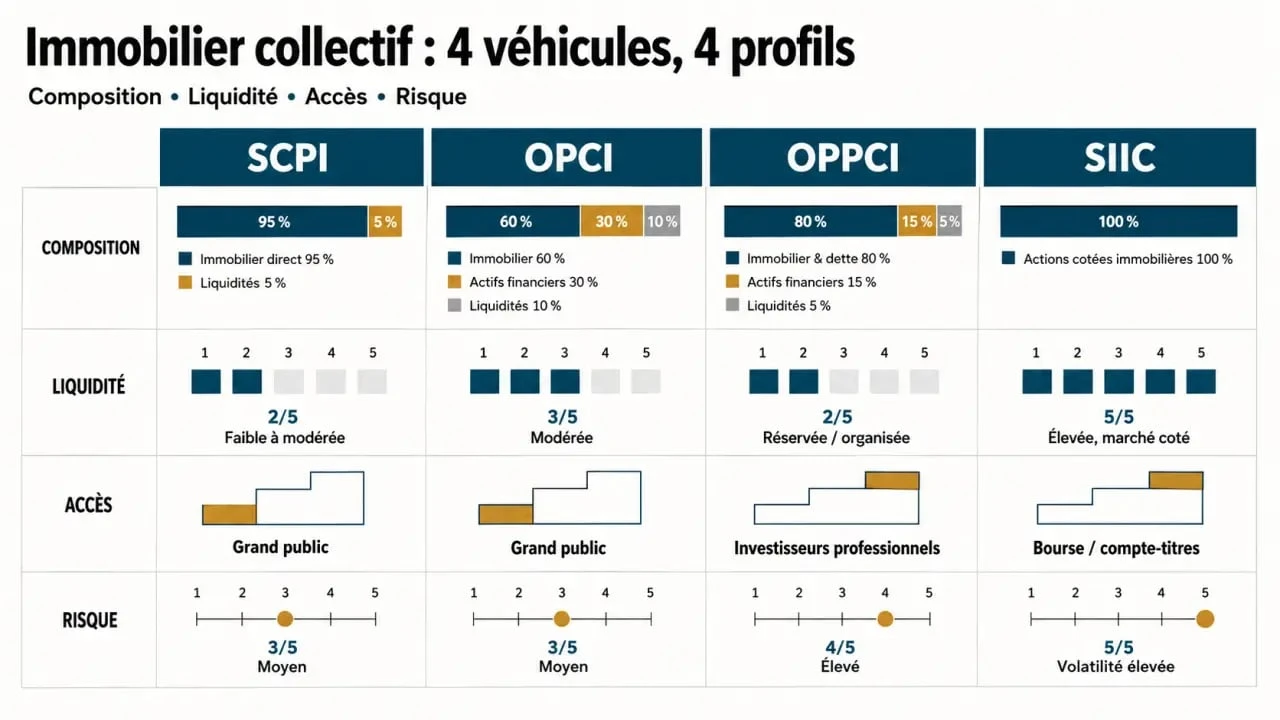 Fond d investissement immobilier : comparaison visuelle des SCPI, OPCI, OPPCI et SIIC