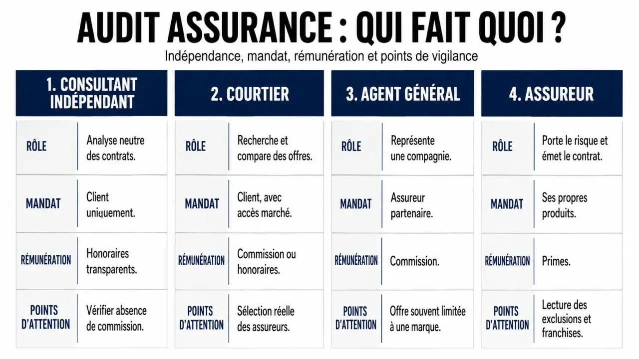 Audit assurance : comparaison visuelle entre consultant indépendant, courtier, agent général et assureur