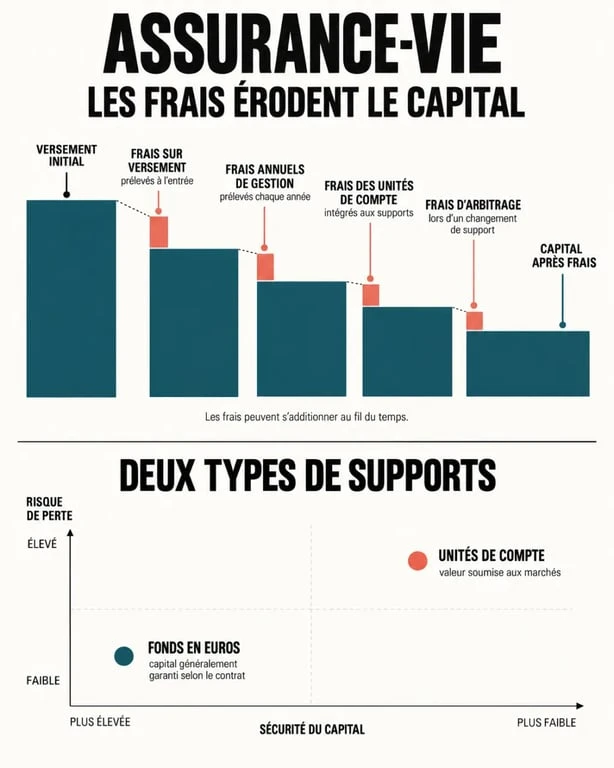 60 millions de consommateur assurance vie : infographie sur les frais, le fonds en euros et les unités de compte