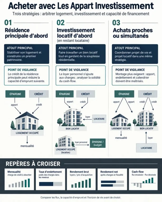 Acheter immobilier avec les appart investissement : infographie des trois stratégies entre résidence principale et investissement locatif