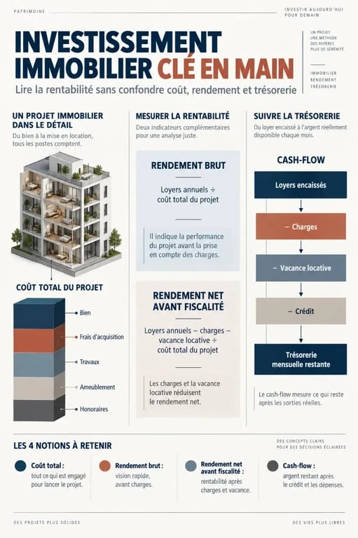 Infographie sur la rentabilité d’un investissement immobilier clé en main et son coût total