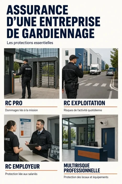 Infographie sur l’assurance entreprise de gardiennage et les principales garanties professionnelles