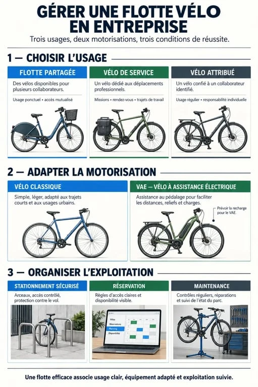Infographie sur la gestion de flotte vélo en entreprise et ses principaux usages