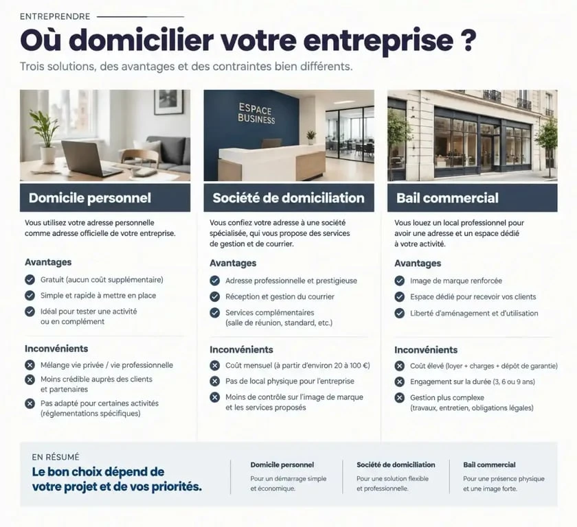 Comparatif des options de domiciliation d'entreprise : domicile personnel, société de domiciliation et bail commercial