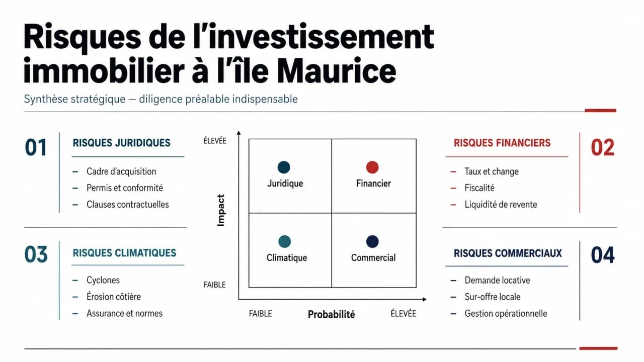 Immobilier île Maurice danger investissement : synthèse visuelle des risques juridiques, financiers, climatiques et commerciaux