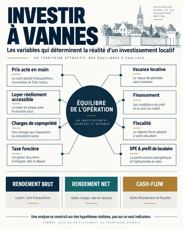 Infographie sur l'investissement immobilier locatif à Vannes et les facteurs de rentabilité