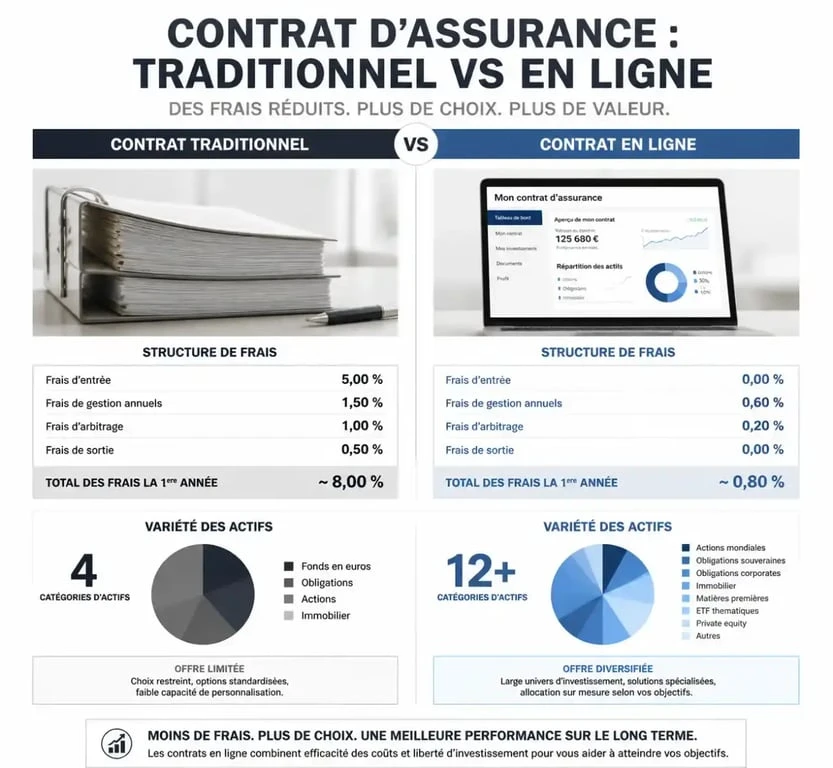 Comparatif visuel des frais et supports entre l'assurance vie MAIF et les contrats en ligne