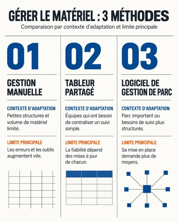 Infographie comparative sur la gestion du matériel dans une entreprise selon trois méthodes de suivi