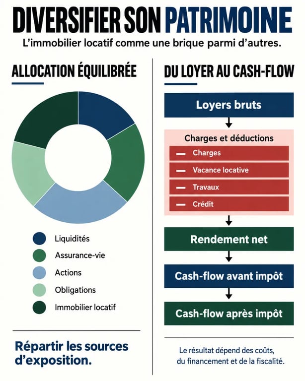 Infographie sur la diversification du patrimoine grâce à l’investissement immobilier locatif et le calcul du rendement net