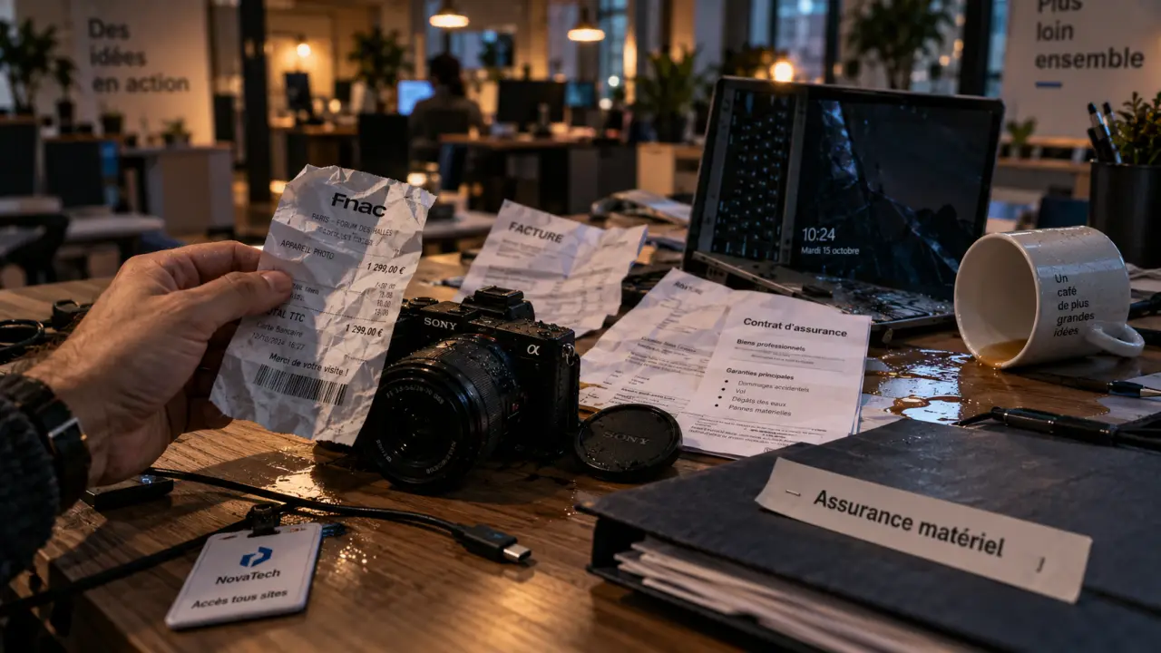 Assurance matériel informatique entreprise : contrat et facture près d’un ordinateur endommagé