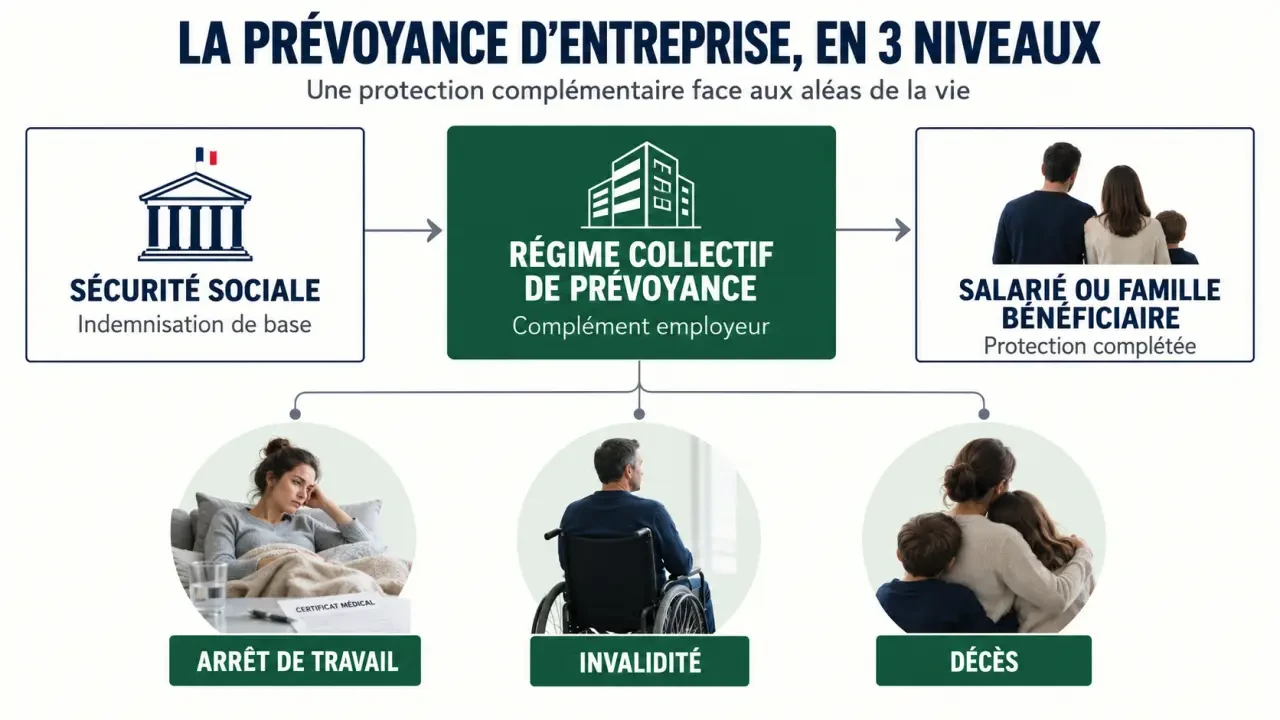 Schéma du fonctionnement de l’assurance prévoyance entreprise entre Sécurité sociale, régime collectif et bénéficiaires
