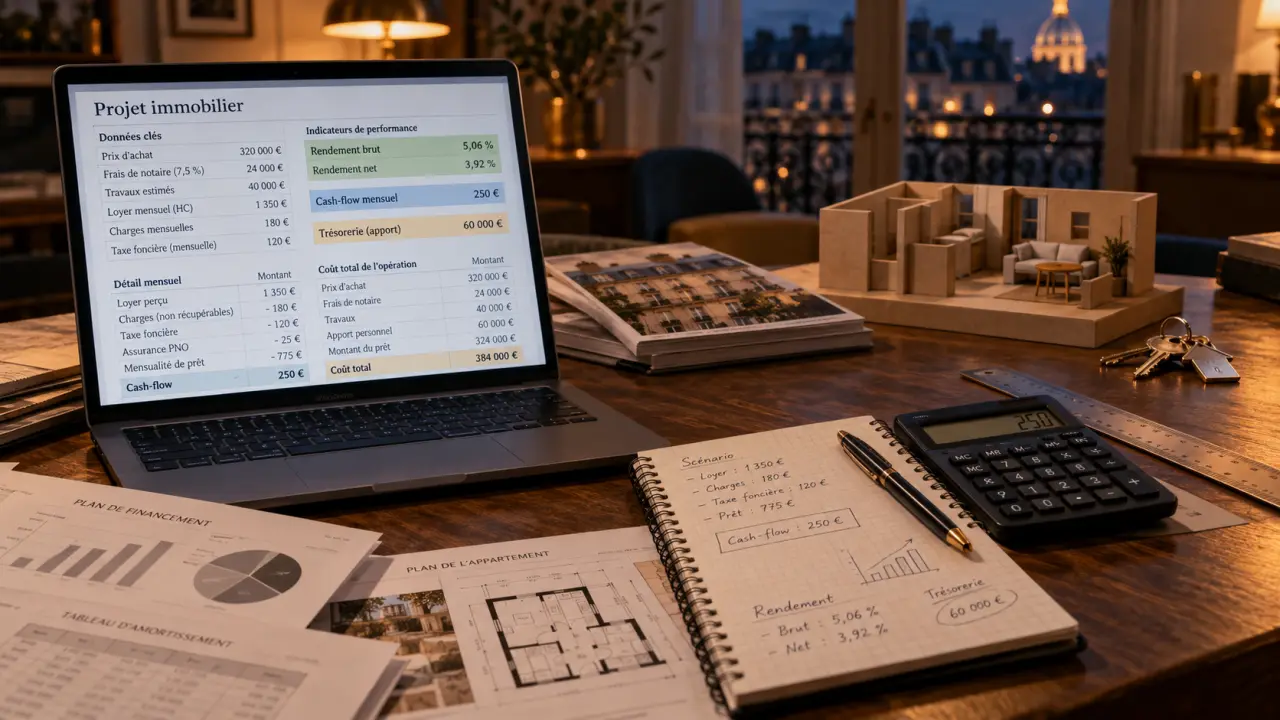 Guide investissement immobilier : rendement brut et cash-flow sur un tableau de calcul